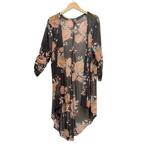 NY Invasion Floral Kimono Women L Black Sheer Kimono Boho Festival Garden Party
